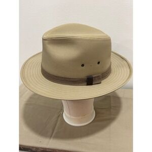 Vintage Tan Safari Fedora Hat Mens Large Made in USA Wide Brim Twill Sun Hat